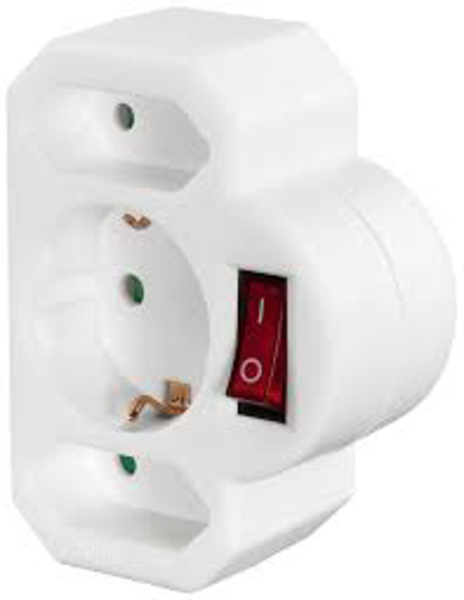 Picture of 3-way Socket Adapter, 1 x Earthed Contact, 2 x Euro, Switch, - 00223217